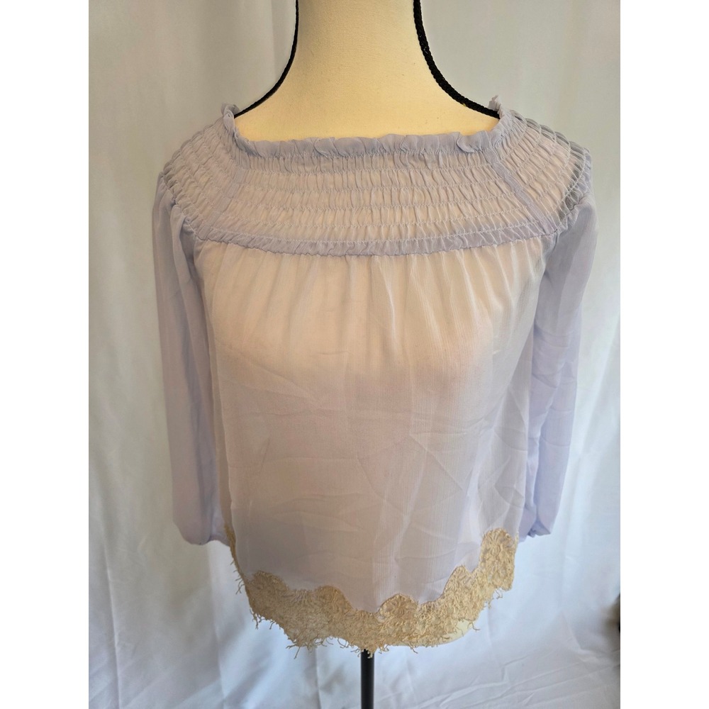 Living Doll LA Off Shoulder Smocked Top Sheer Lace Trim Pastel Blue Size‎ S